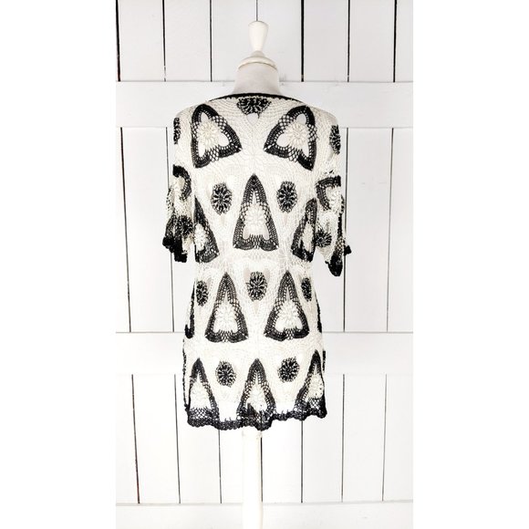 Vintage black ivory crochet beaded knit sheer short sleeve blouse - Picture 4 of 6